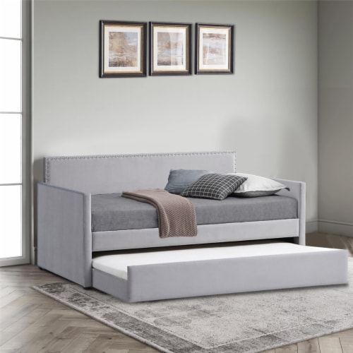 Modern Twin Daybed With Trundle Nailhead Trim Backing Soft Gray