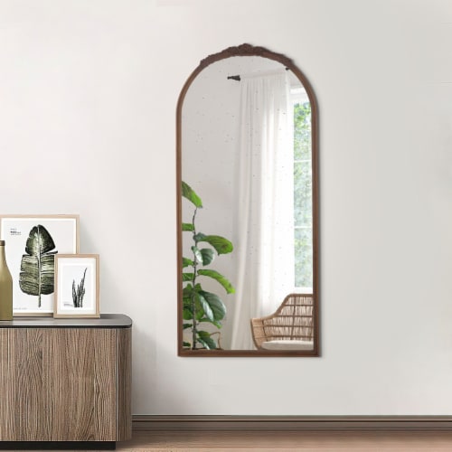 Eel Inch Wall Mirror Espresso Brown Arched Wood Frame Hand Carved