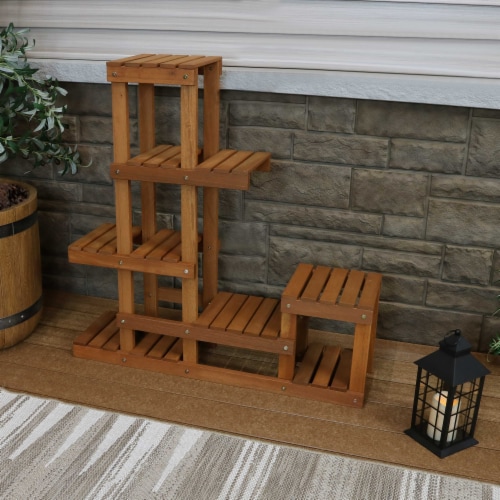 Sunnydaze Meranti Wood Multi Shelf Plant Stand With Teak Oil Finish